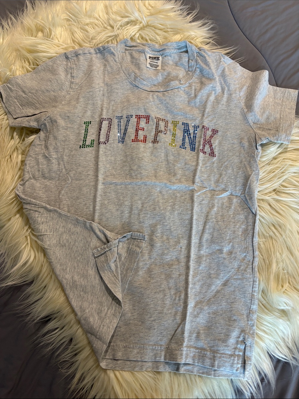 PINK Victoria's Secret Gray Tee with Multicolor LOVE PINK Logo